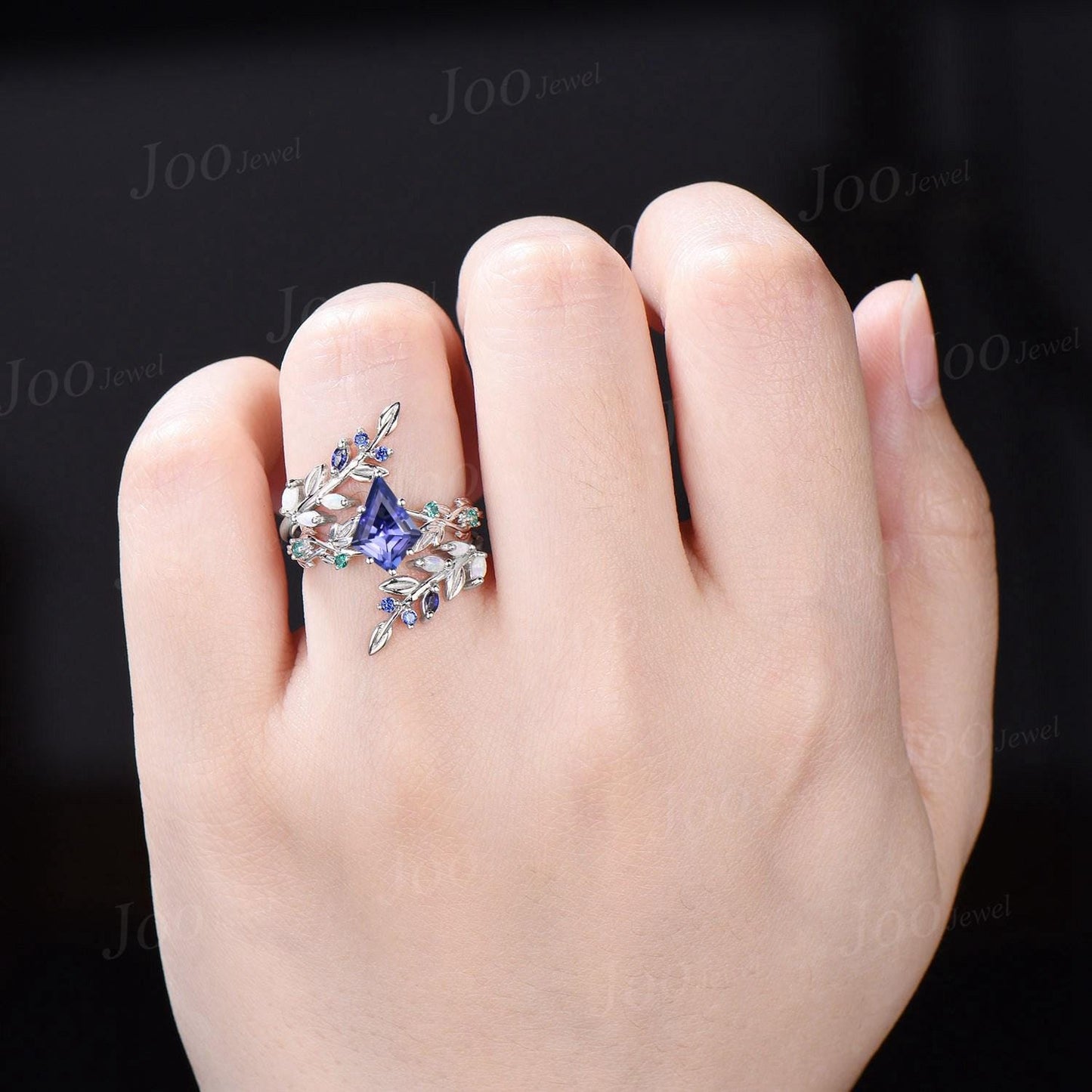 2ct Kite Cut Natural Tanzanite Cluster Bridal Ring Blue Sapphire Opal Enhancer Wrap Wedding Band Olive Leaf Bypass Engagement Ring for Women
