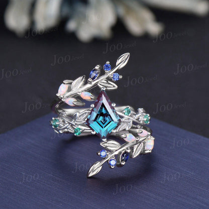 2ct Kite Cut Color-Change Alexandrite Emerald Enhancer Bridal Ring Guard Blue Sapphire Opal Olive Leaf Twig Wrap Bypass Wedding Band Women