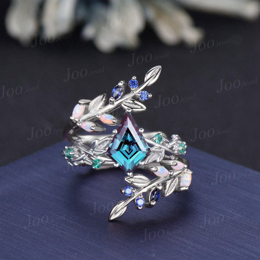 2ct Kite Cut Color-Change Alexandrite Emerald Enhancer Bridal Ring Guard Blue Sapphire Opal Olive Leaf Twig Wrap Bypass Wedding Band Women