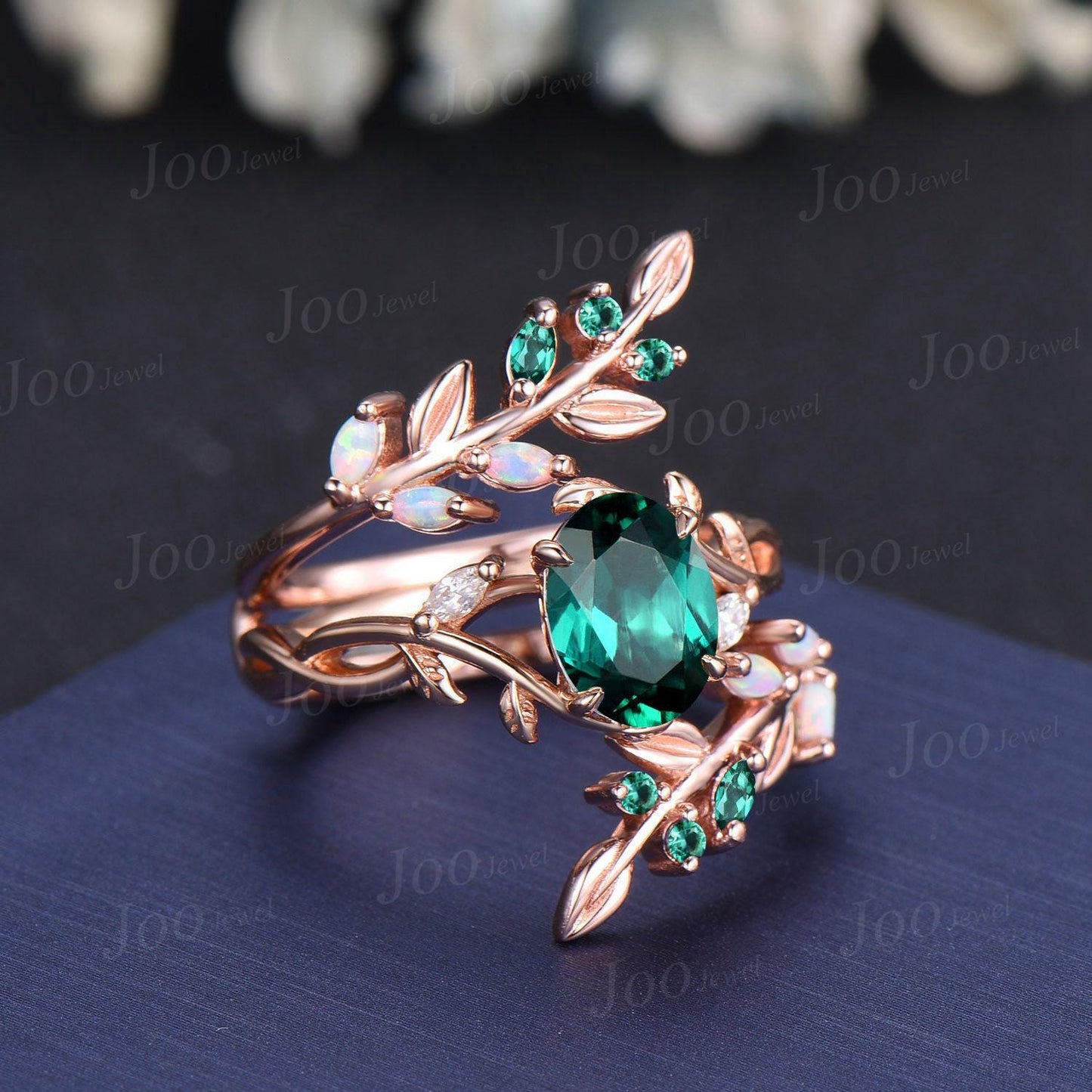 1.5ct Oval Cut Green Emerald Olive Leaf Bridal Ring Set Opal Emerald Enhancer Wedding Band May Birthstone Jewelry Gifts Unique Proposal Ring