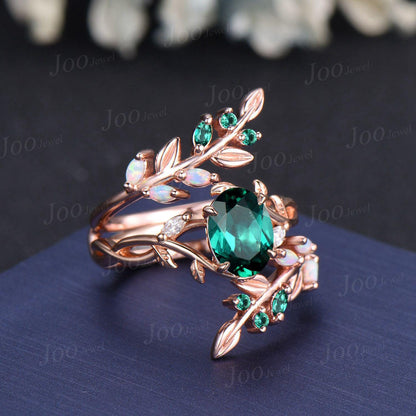 1.5ct Oval Cut Green Emerald Olive Leaf Bridal Ring Set Opal Emerald Enhancer Wedding Band May Birthstone Jewelry Gifts Unique Proposal Ring
