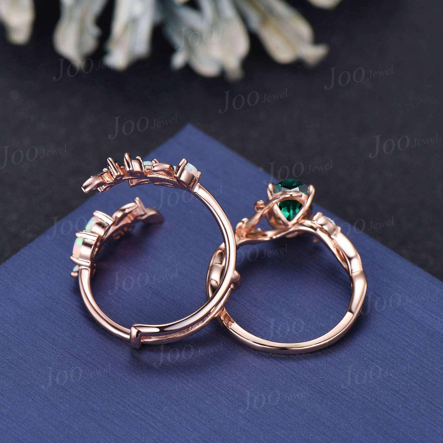 1.5ct Oval Cut Green Emerald Olive Leaf Bridal Ring Set Opal Emerald Enhancer Wedding Band May Birthstone Jewelry Gifts Unique Proposal Ring