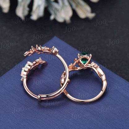 1.5ct Oval Cut Green Emerald Olive Leaf Bridal Ring Set Opal Emerald Enhancer Wedding Band May Birthstone Jewelry Gifts Unique Proposal Ring