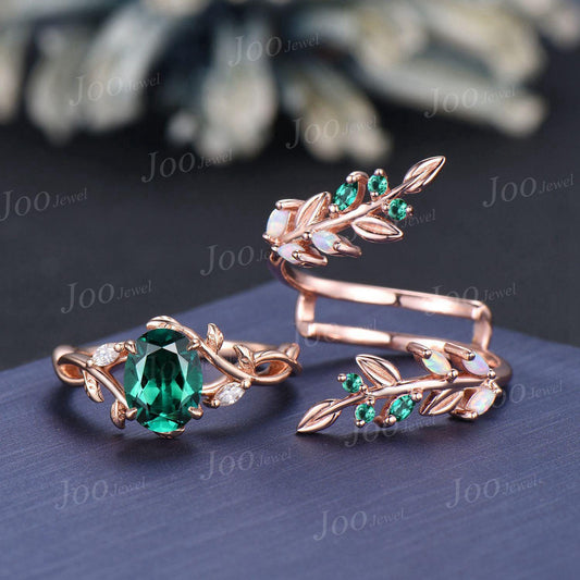 1.5ct Oval Cut Green Emerald Olive Leaf Bridal Ring Set Opal Emerald Enhancer Wedding Band May Birthstone Jewelry Gifts Unique Proposal Ring