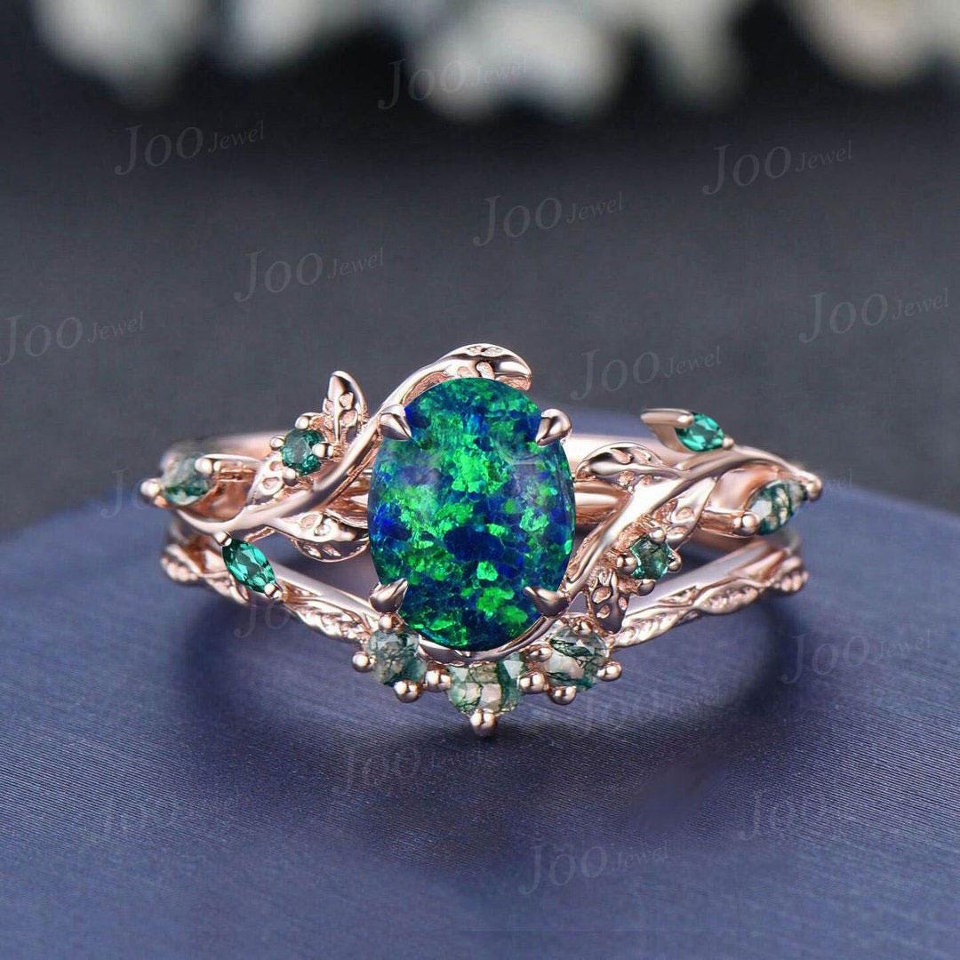1.5ct Oval Galaxy Black Opal Emerald Bridal Set Vintage 14K Rose Gold Family Stone Jewelry Anniversary Gift Twig Vine Cluster Wedding Ring