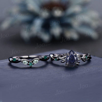 Vintage Galaxy Blue Sandstone Engagement Ring Set Black Gold Pear Cut Bridal Set Green Agate Emerald Curved Band Twig Vine Wedding Ring Set
