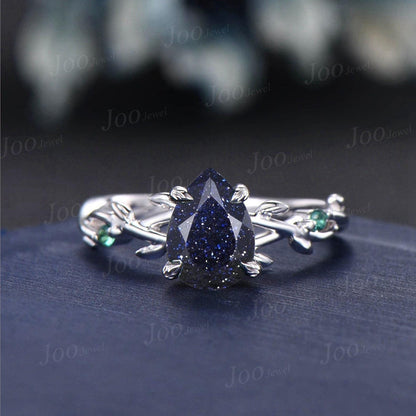 Vintage Galaxy Blue Sandstone Engagement Ring Set Black Gold Pear Cut Bridal Set Green Agate Emerald Curved Band Twig Vine Wedding Ring Set