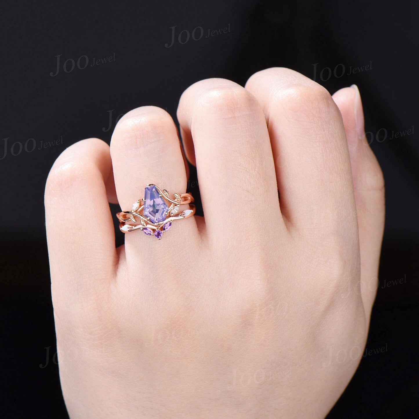 Coffin Cut Natural Lavender Amethyst Opal Bridal Ring Set Infinity Leaf Vine Engagement Ring Sterling Silver