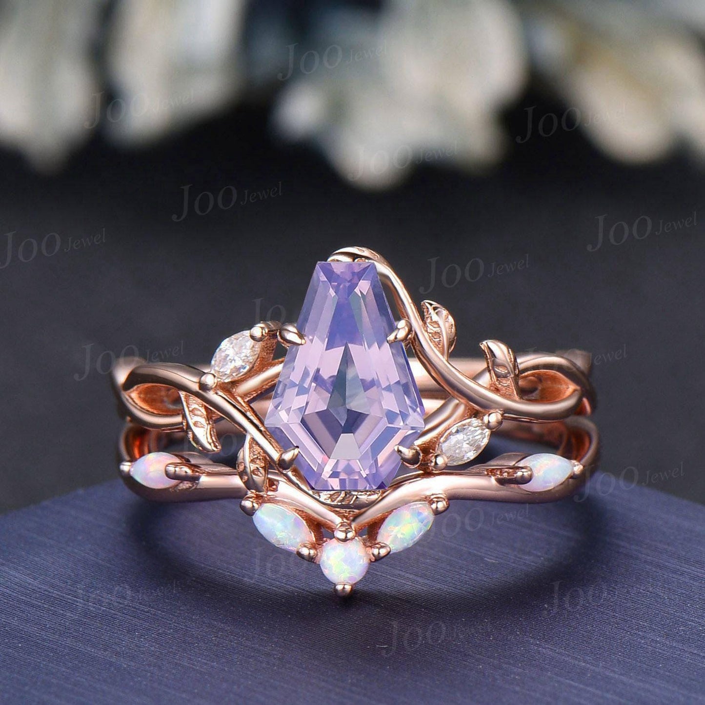 Coffin Cut Natural Lavender Amethyst Opal Bridal Ring Set Infinity Leaf Vine Engagement Ring Sterling Silver