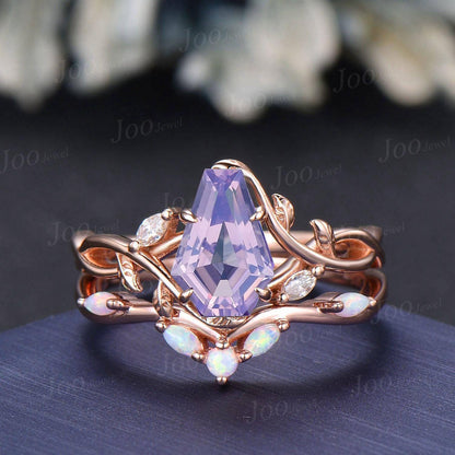 Coffin Cut Natural Lavender Amethyst Opal Bridal Ring Set Infinity Leaf Vine Engagement Ring Sterling Silver