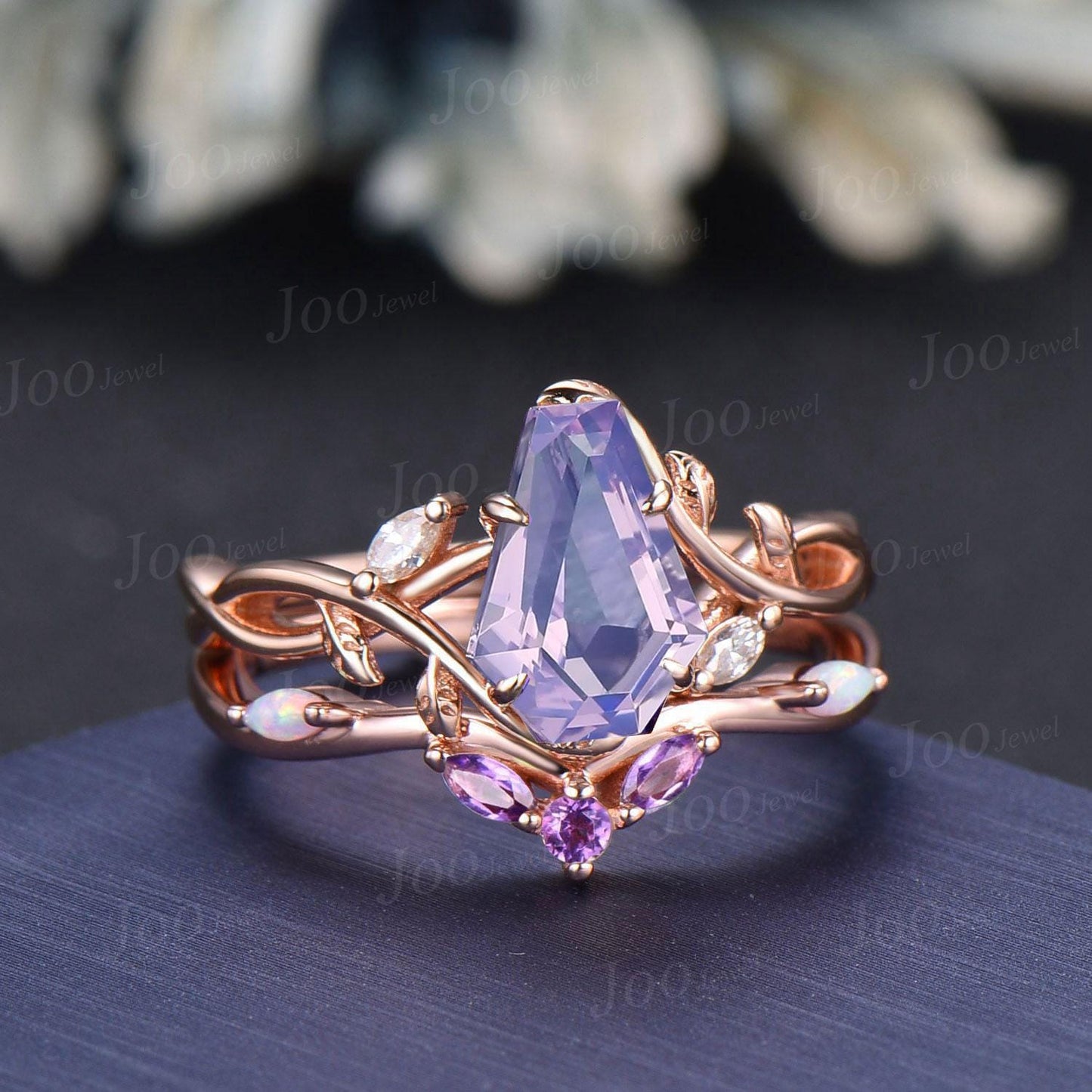 Coffin Cut Natural Lavender Amethyst Opal Bridal Ring Set Infinity Leaf Vine Engagement Ring Sterling Silver