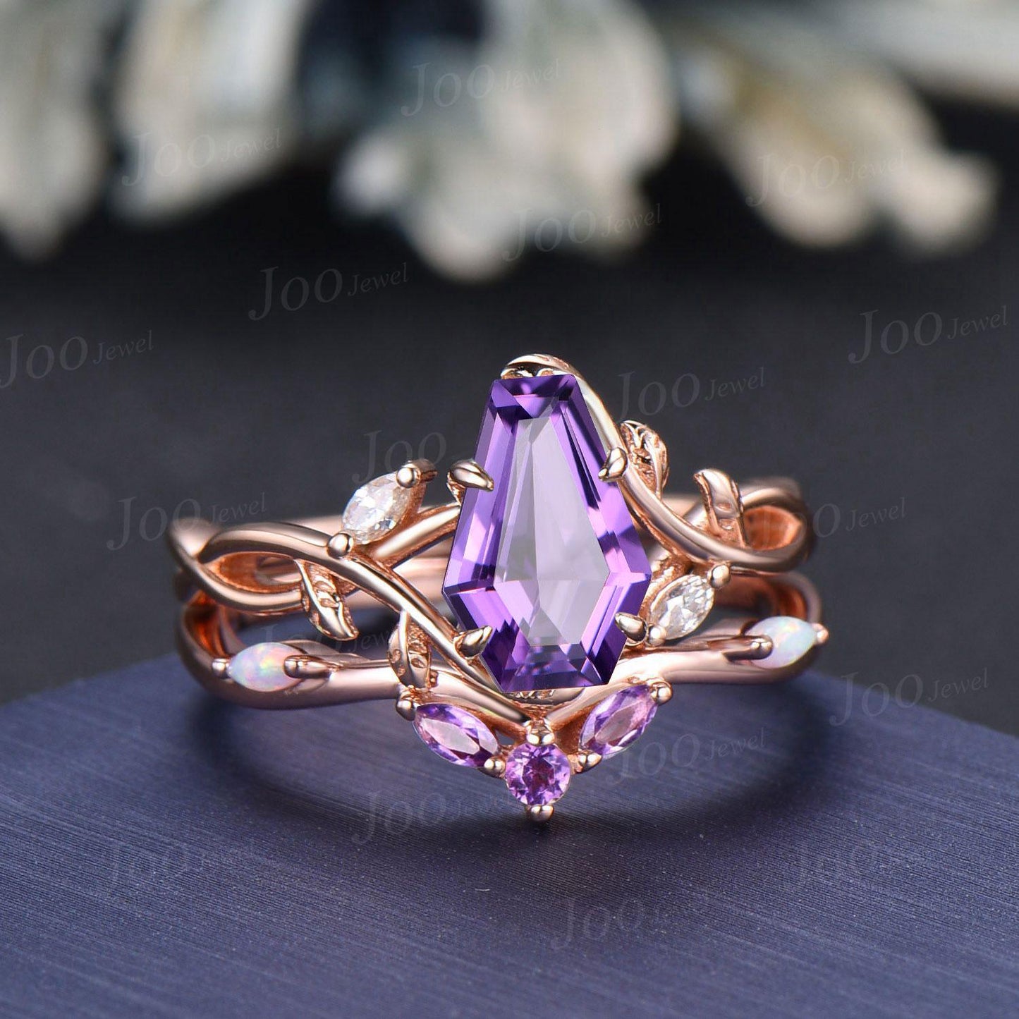 Nature Inspired Coffin Cut Natural Genuine Amethyst Bridal Ring Set Infinity Leaf Engagement Ring