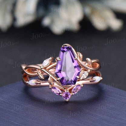 Nature Inspired Coffin Cut Natural Genuine Amethyst Bridal Ring Set Infinity Leaf Engagement Ring