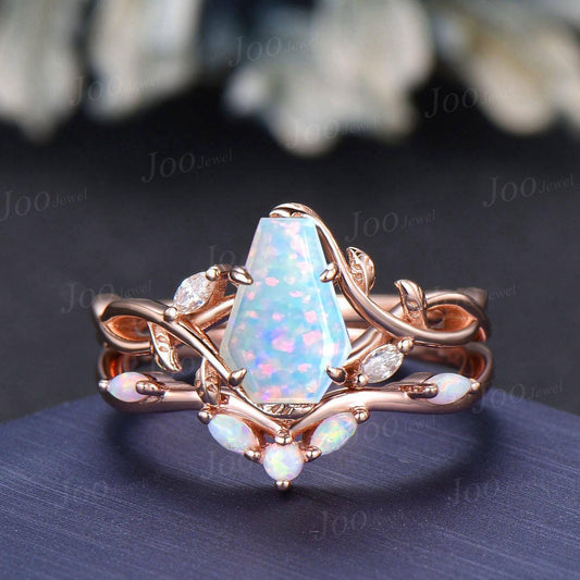 Non-Traditional Coffin Cut White Opal Bridal Ring Set Infinity Leaf Vine Engagement Ring for Women