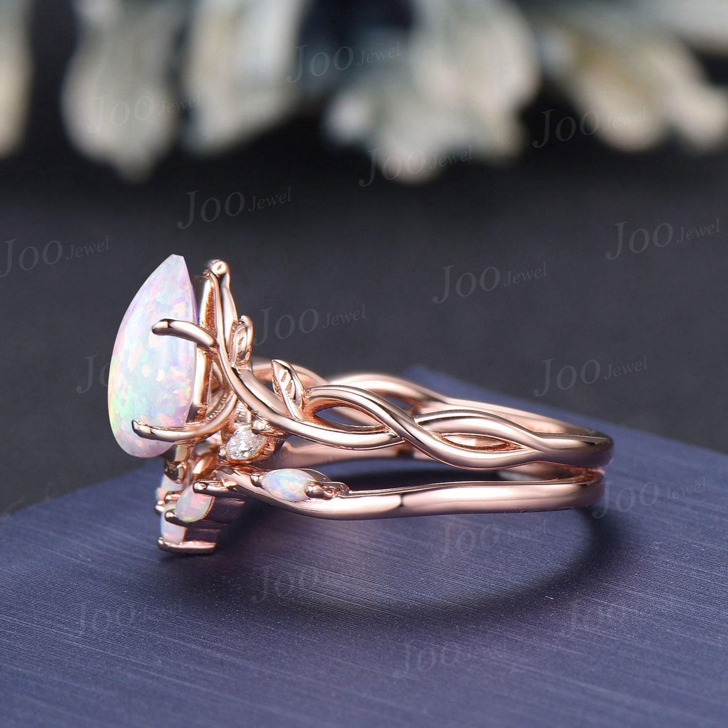 Non-Traditional Coffin Cut White Opal Bridal Ring Set Infinity Leaf Vine Engagement Ring for Women