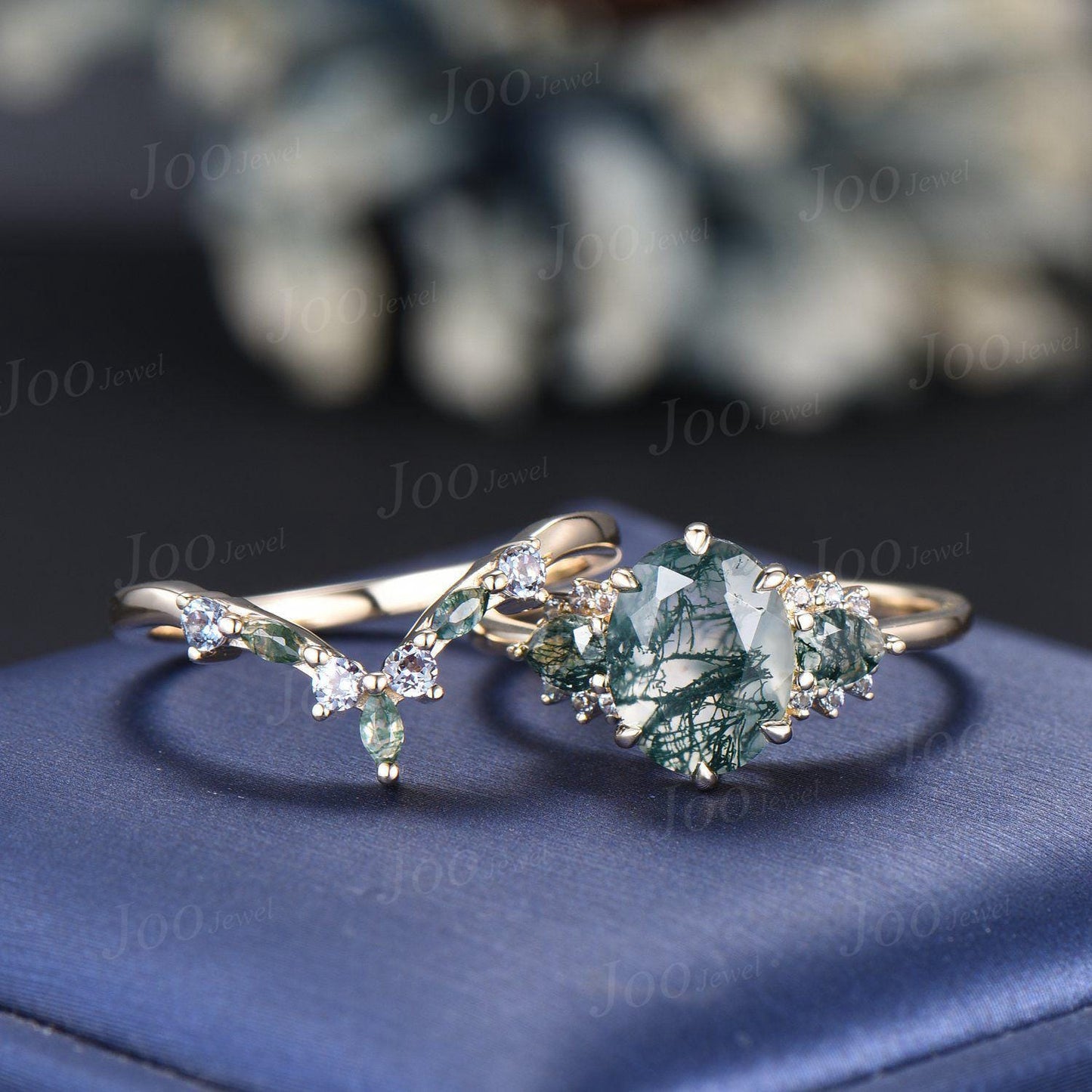 Sterling Silver Oval Cut Natural Moss Agate Alexandrite Bridal Set for Women