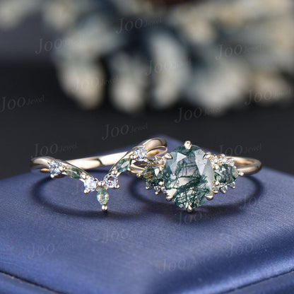 Sterling Silver Oval Cut Natural Moss Agate Alexandrite Bridal Set for Women
