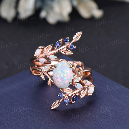1.5ct Oval Cut White Opal Infinity Engagement Ring Guard Sterling Silver Blue Sapphire Opal Enhancer Bypass Olive Leaf Wedding Band Women