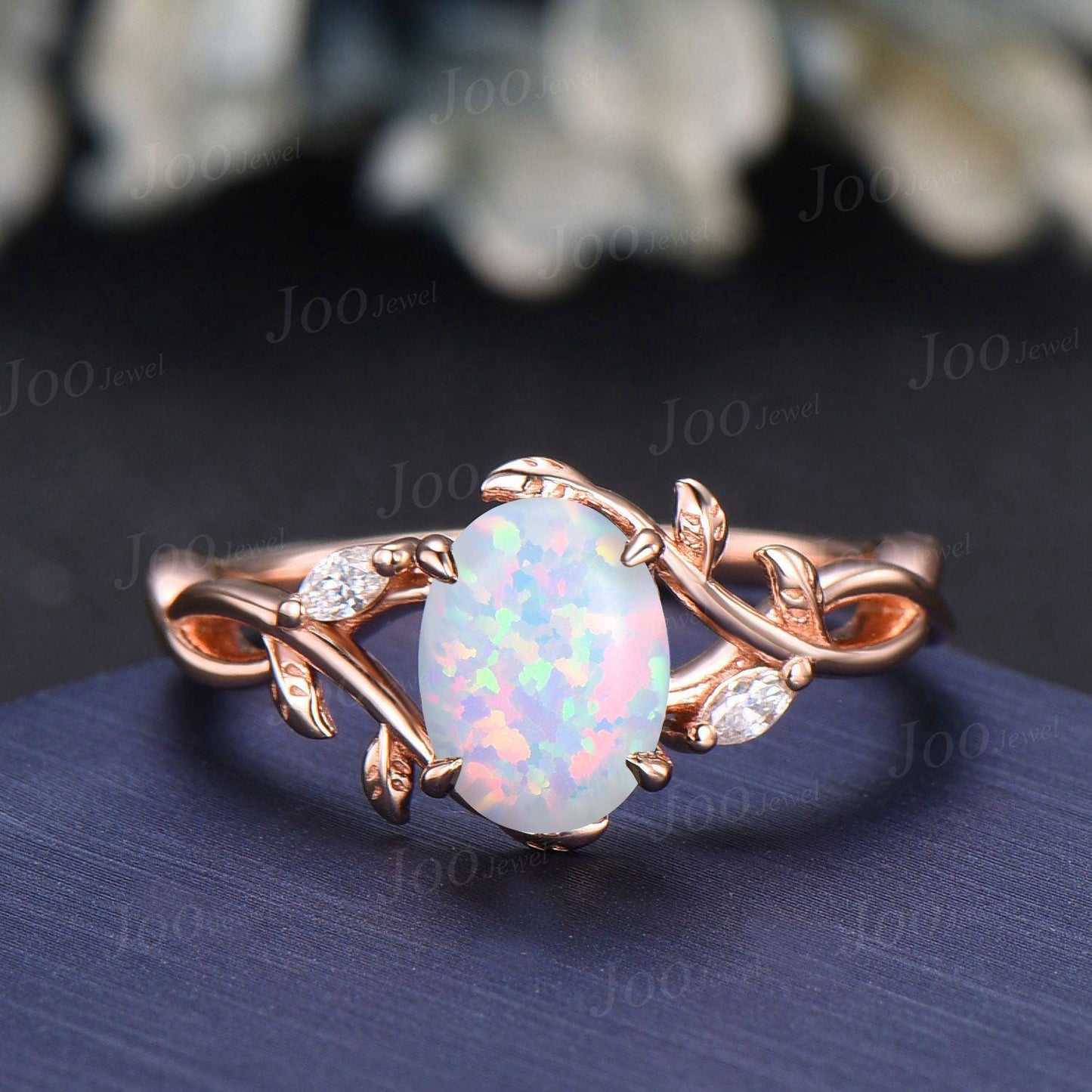 1.5ct Oval Cut White Opal Infinity Engagement Ring Guard Sterling Silver Blue Sapphire Opal Enhancer Bypass Olive Leaf Wedding Band Women