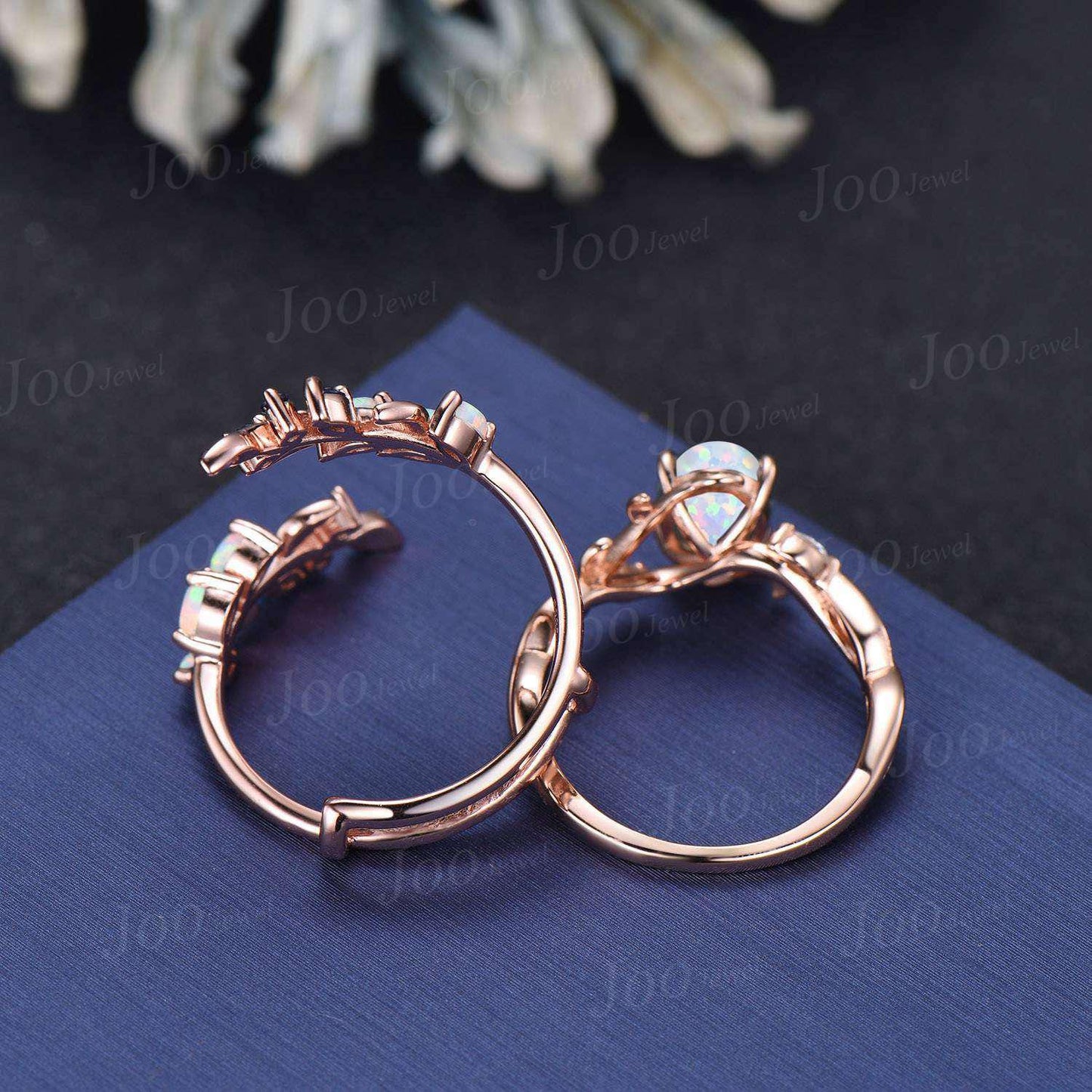 1.5ct Oval Cut White Opal Infinity Engagement Ring Guard Sterling Silver Blue Sapphire Opal Enhancer Bypass Olive Leaf Wedding Band Women
