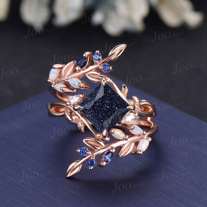 Infinity Design Princess Cut Galaxy Blue Sandstone Sapphire Wedding Ring Set Olive Leaf Wrap Opal Enhancer Band for Women