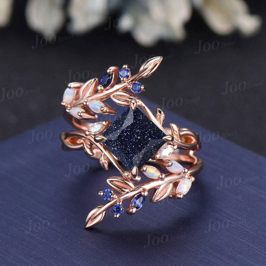 Infinity Design Princess Cut Galaxy Blue Sandstone Sapphire Wedding Ring Set Olive Leaf Wrap Opal Enhancer Band for Women