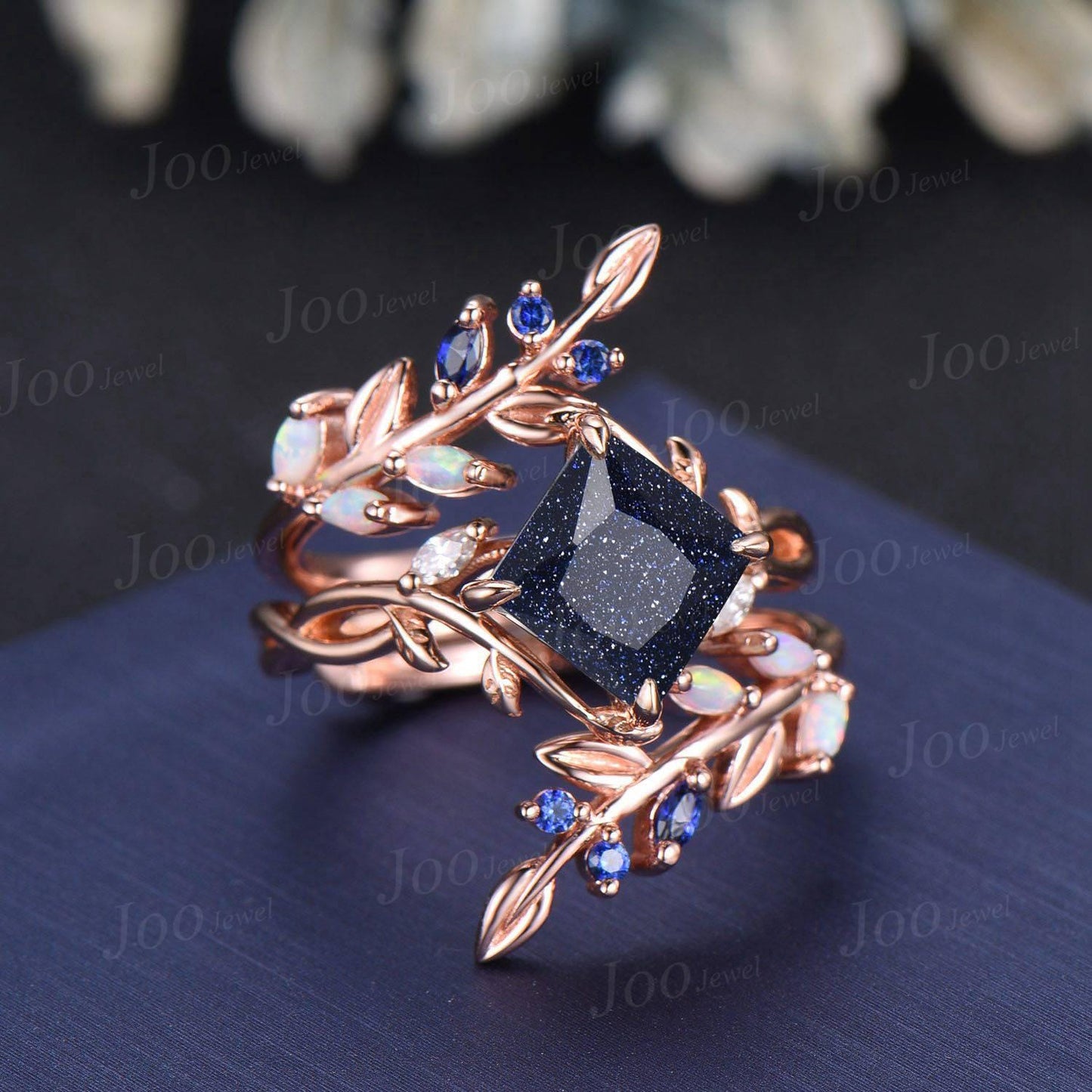 Infinity Design Princess Cut Galaxy Blue Sandstone Sapphire Wedding Ring Set Olive Leaf Wrap Opal Enhancer Band for Women