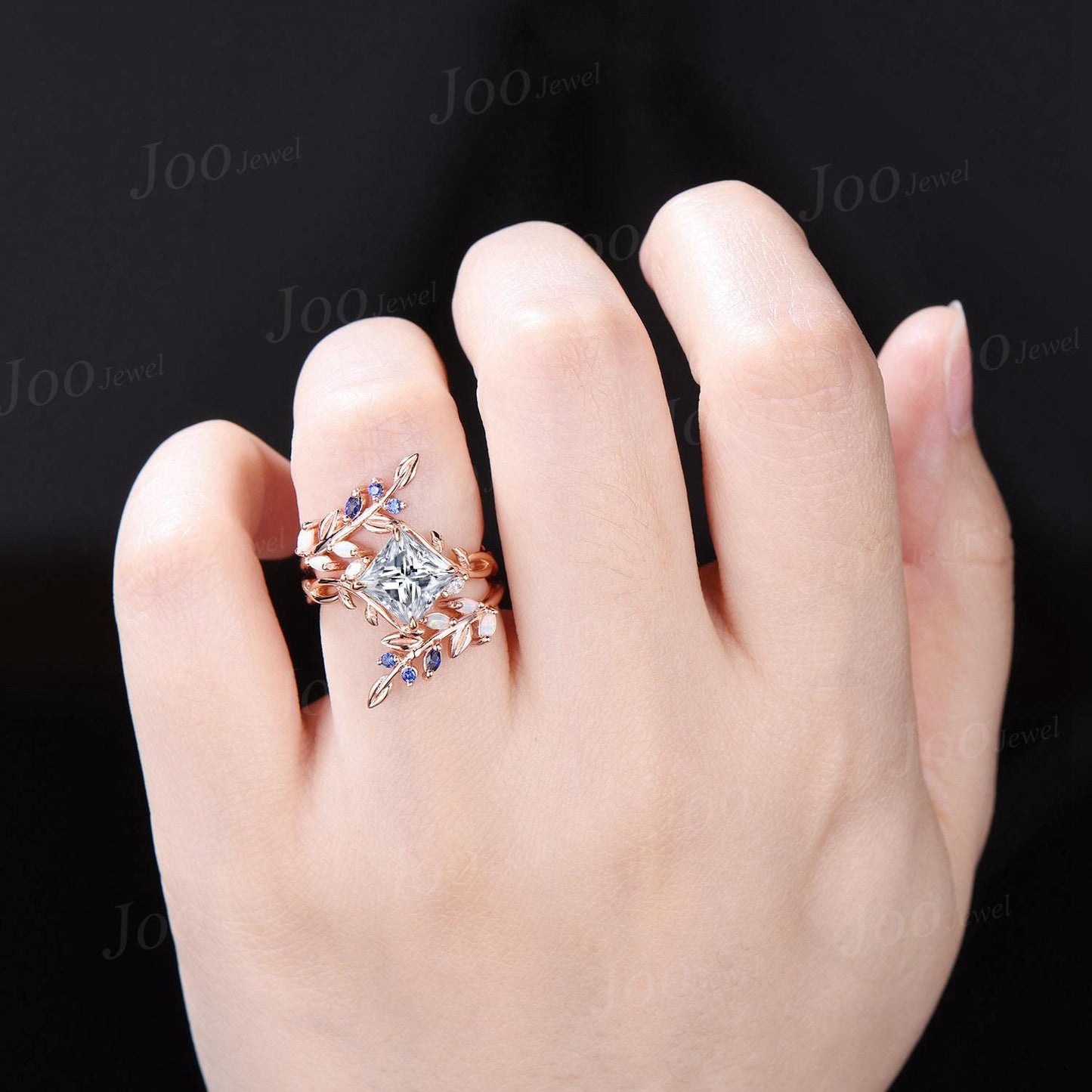 Princess Cut Moissanite Diamond Infinity Leaf Wedding Ring Set Vintage Rose Gold Opal Blue Sapphire Olive Leaf Wrap Enhancer Band for Women