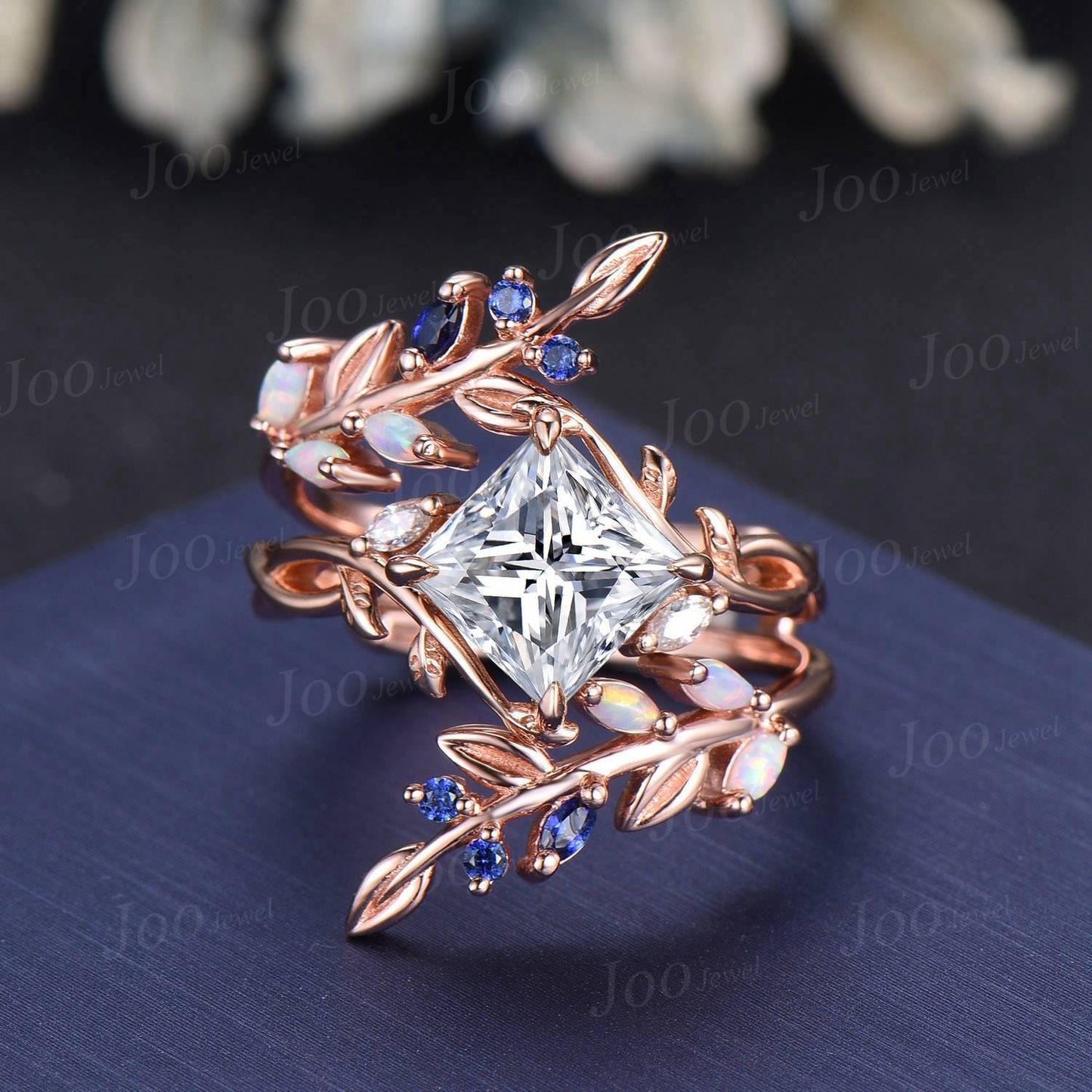 Princess Cut Moissanite Diamond Infinity Leaf Wedding Ring Set Vintage Rose Gold Opal Blue Sapphire Olive Leaf Wrap Enhancer Band for Women