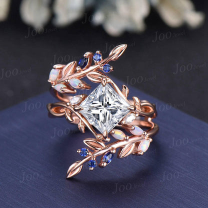 Princess Cut Moissanite Diamond Infinity Leaf Wedding Ring Set Vintage Rose Gold Opal Blue Sapphire Olive Leaf Wrap Enhancer Band for Women