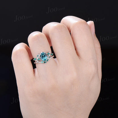 1.5ct Oval Cut Leaf Vine Blue Paraiba Tourmaline Cluster Wedding Ring Sterling Silver Green Emerald Nature Inspired Paraiba Ring for Women