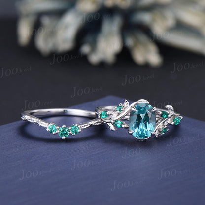 1.5ct Oval Cut Leaf Vine Blue Paraiba Tourmaline Cluster Wedding Ring Sterling Silver Green Emerald Nature Inspired Paraiba Ring for Women