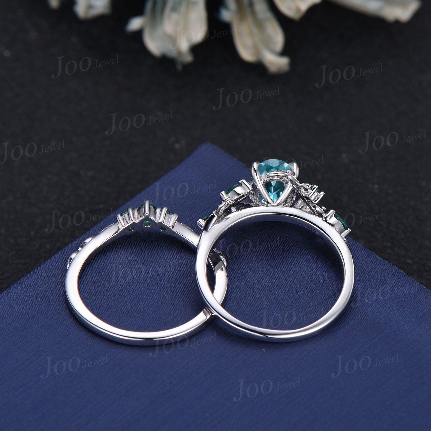 1.5ct Oval Cut Leaf Vine Blue Paraiba Tourmaline Cluster Wedding Ring Sterling Silver Green Emerald Nature Inspired Paraiba Ring for Women