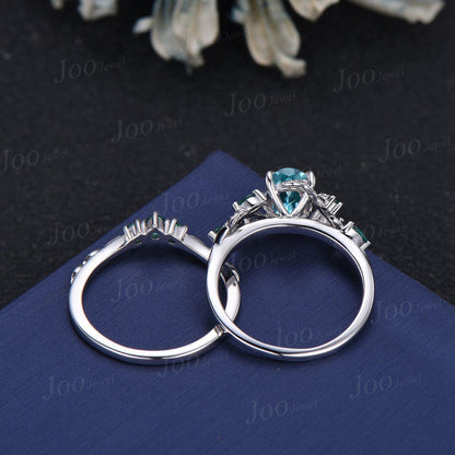 1.5ct Oval Cut Leaf Vine Blue Paraiba Tourmaline Cluster Wedding Ring Sterling Silver Green Emerald Nature Inspired Paraiba Ring for Women
