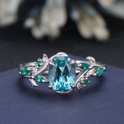 1.5ct Oval Cut Leaf Vine Blue Paraiba Tourmaline Cluster Wedding Ring Sterling Silver Green Emerald Nature Inspired Paraiba Ring for Women