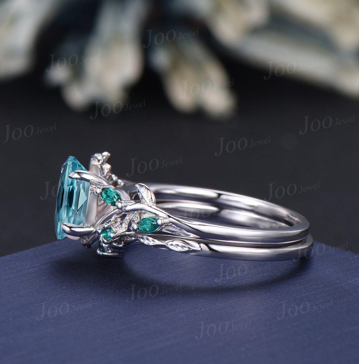 1.5ct Oval Cut Leaf Vine Blue Paraiba Tourmaline Cluster Wedding Ring Sterling Silver Green Emerald Nature Inspired Paraiba Ring for Women