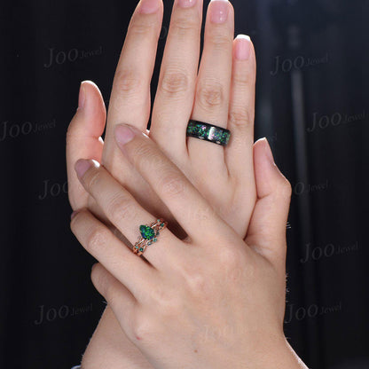 1.25ct Pear Cut Black Fire Opal Couple Promise Ring Set 925 Sterling Silver & Tungsten Matching Ring