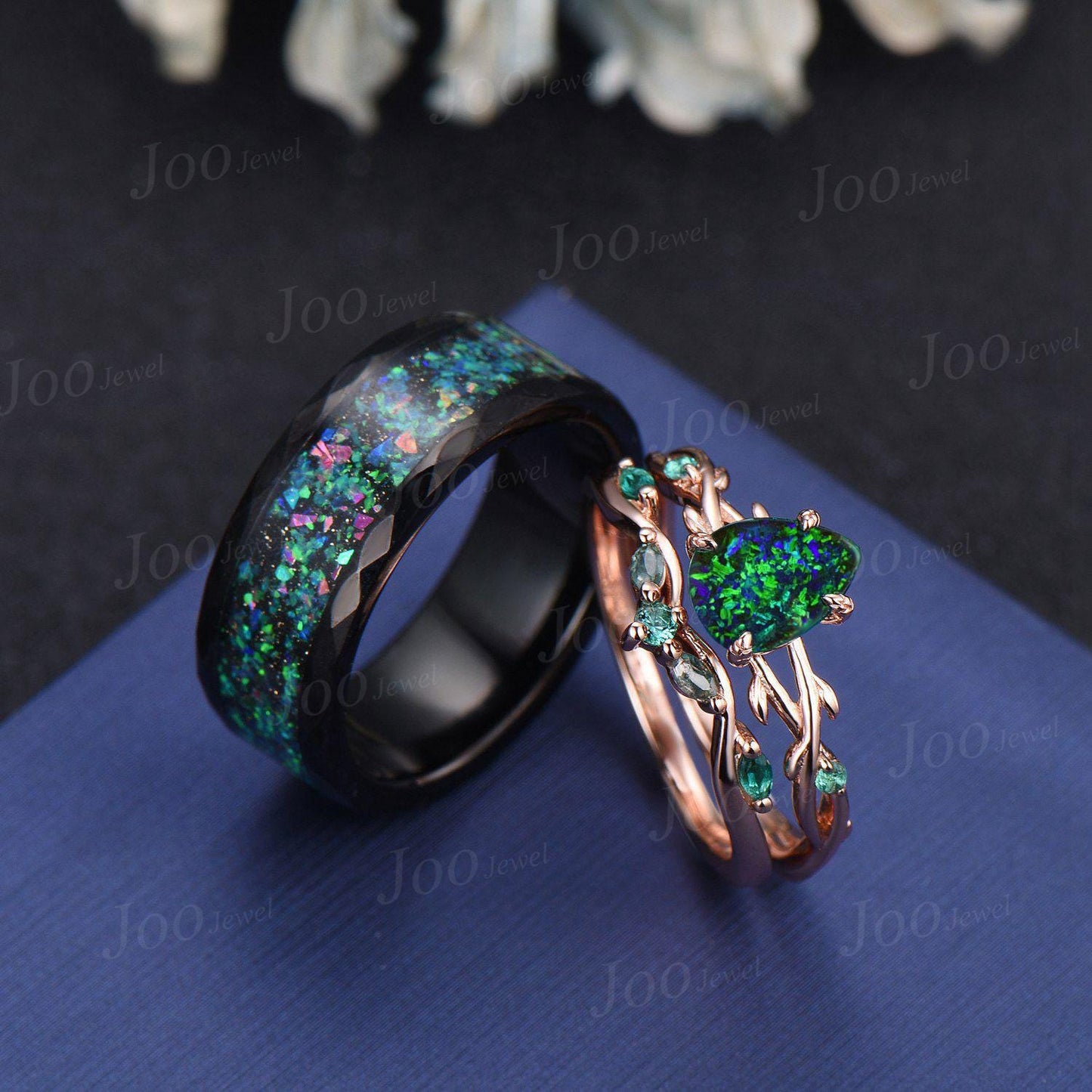 1.25ct Pear Cut Black Fire Opal Couple Promise Ring Set 925 Sterling Silver & Tungsten Matching Ring