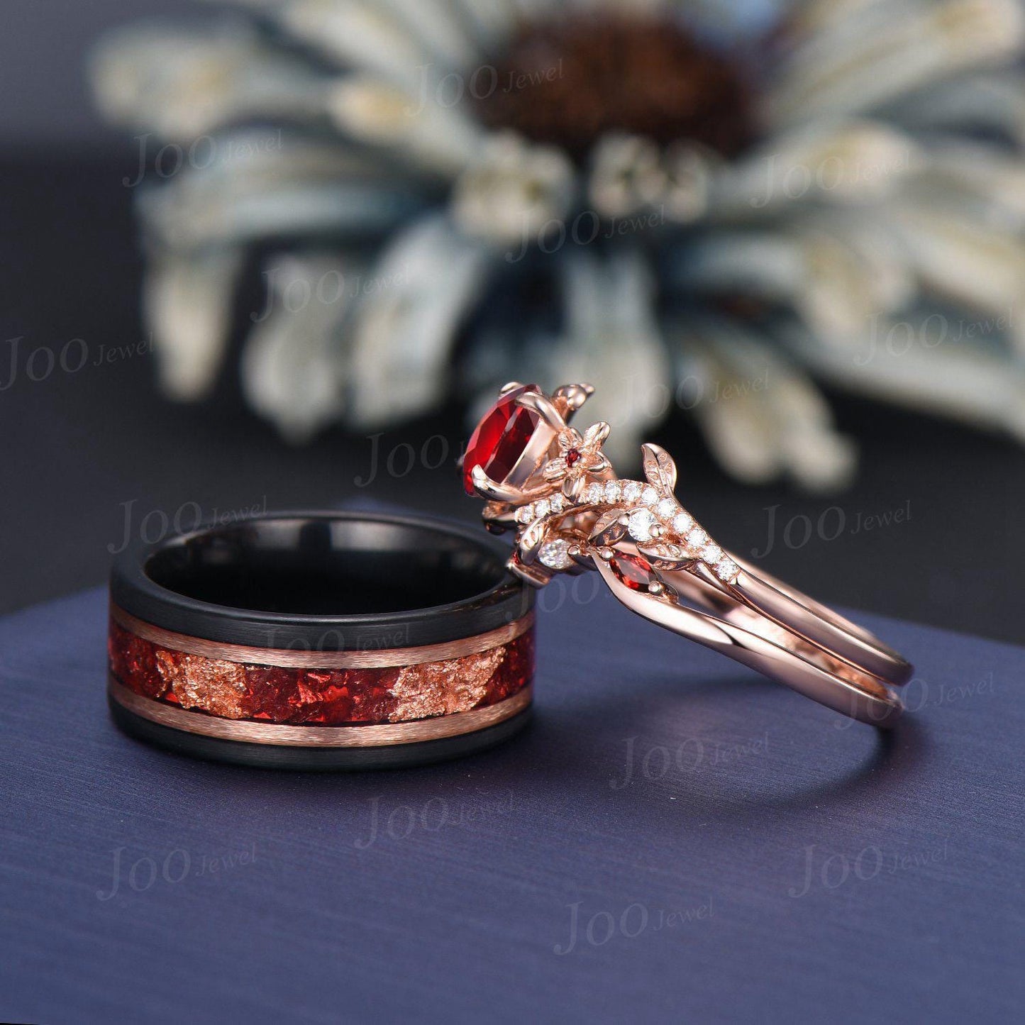 Black Tungsten & Sterling Silver| Round Natural Red Garnet Couple Ring Set| Nature-Inspired Design|His and Hers Wedding Ring|1CT Bridal Ring