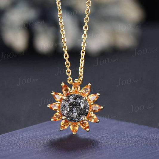 Sunflower Necklace Earrings Round Cut Natural Black Rutilated Quartz Citrine Halo Necklace -You Are My Sunshine Unique Birthday Gifts Women
