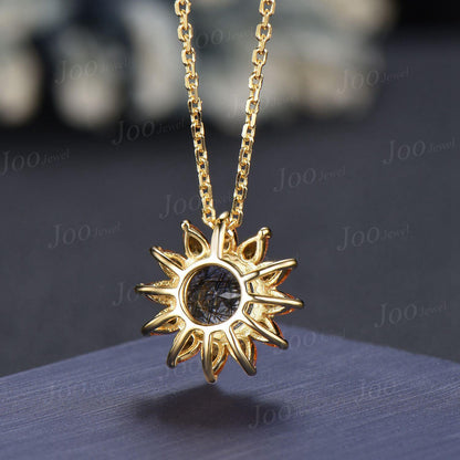Round Cut Natural Citrine Black Rutilated Quartz Sunflower Bezel Necklace/Earrings Sterling Silver You Are My Sunshine Pendant for Women