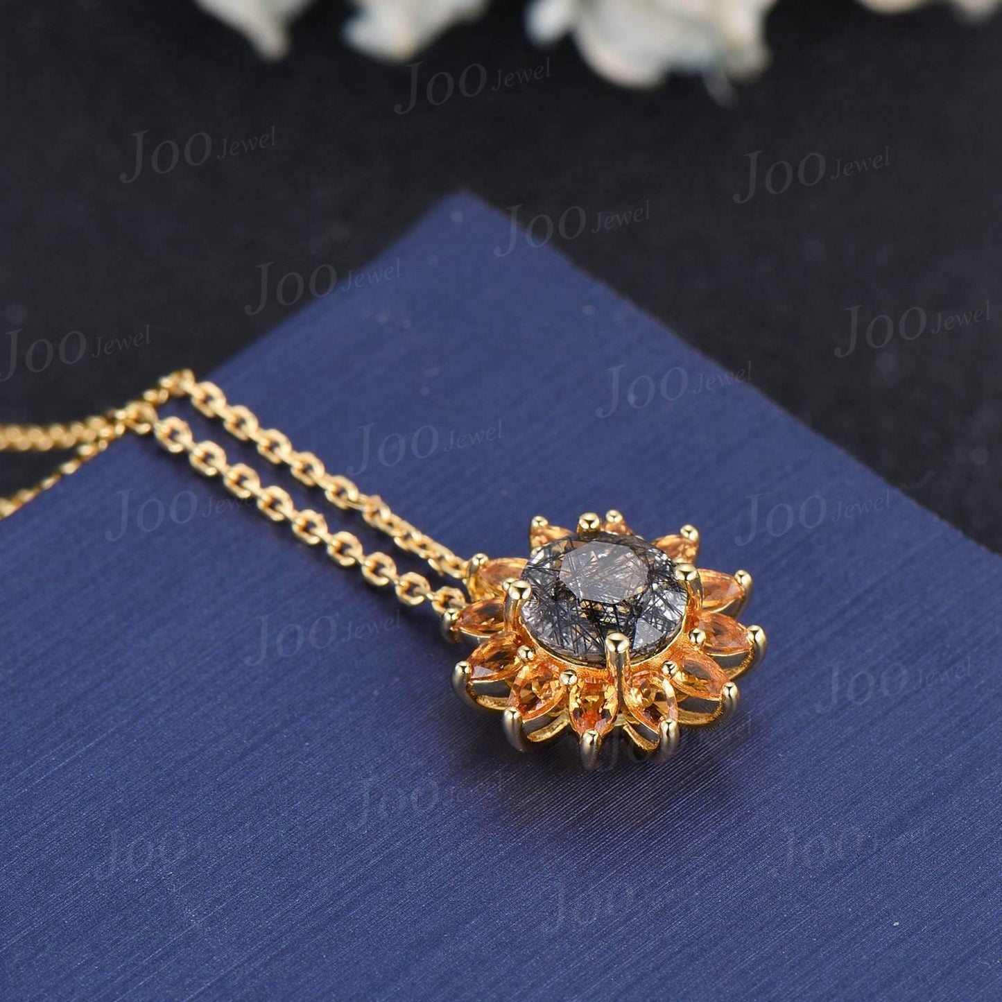 Sunflower Necklace Earrings Round Cut Natural Black Rutilated Quartz Citrine Halo Necklace -You Are My Sunshine Unique Birthday Gifts Women