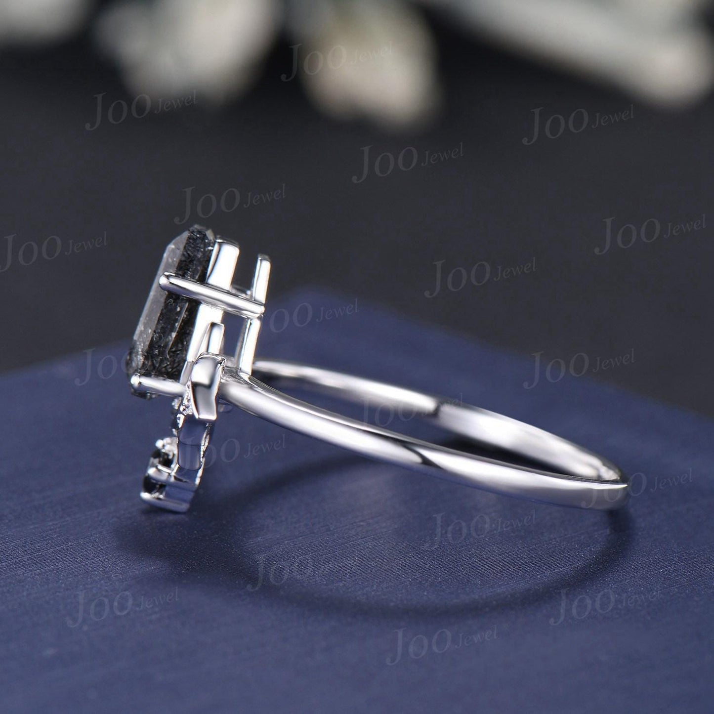 Coffin Bat Engagement Rings Retro Coffin Moon Natural Black Rutilated Quartz Wedding Ring Set Non-Traditional Black Gold Bridal Set Women
