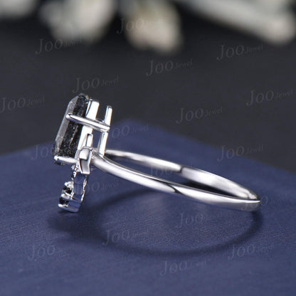 Coffin Bat Engagement Rings Retro Coffin Moon Natural Black Rutilated Quartz Wedding Ring Set Non-Traditional Black Gold Bridal Set Women