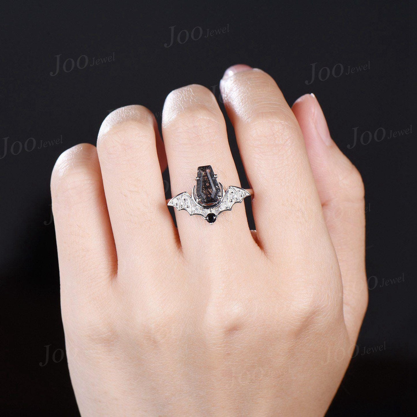 Coffin Bat Engagement Rings Retro Coffin Moon Natural Black Rutilated Quartz Wedding Ring Set Non-Traditional Black Gold Bridal Set Women