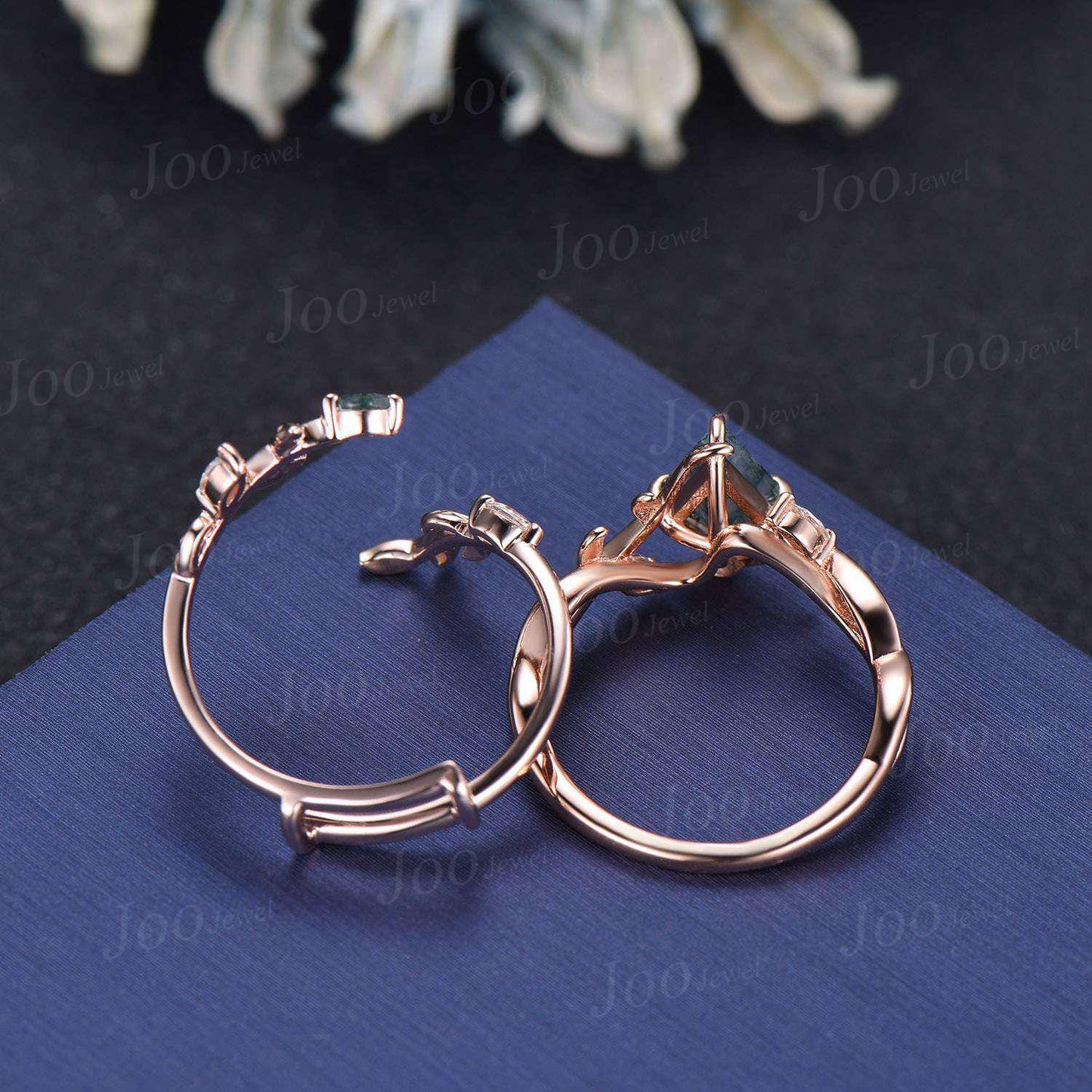 Nature Inspired Kite Cut Natural Moss Agate Leafy Bridal Ring Sets Sterling Silver Leaf Enhancer Band Twisted Bypass Wedding Ring for Women