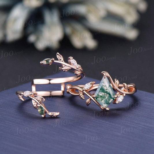 Nature Inspired Kite Cut Natural Moss Agate Leafy Bridal Ring Sets Sterling Silver Leaf Enhancer Band Twisted Bypass Wedding Ring for Women