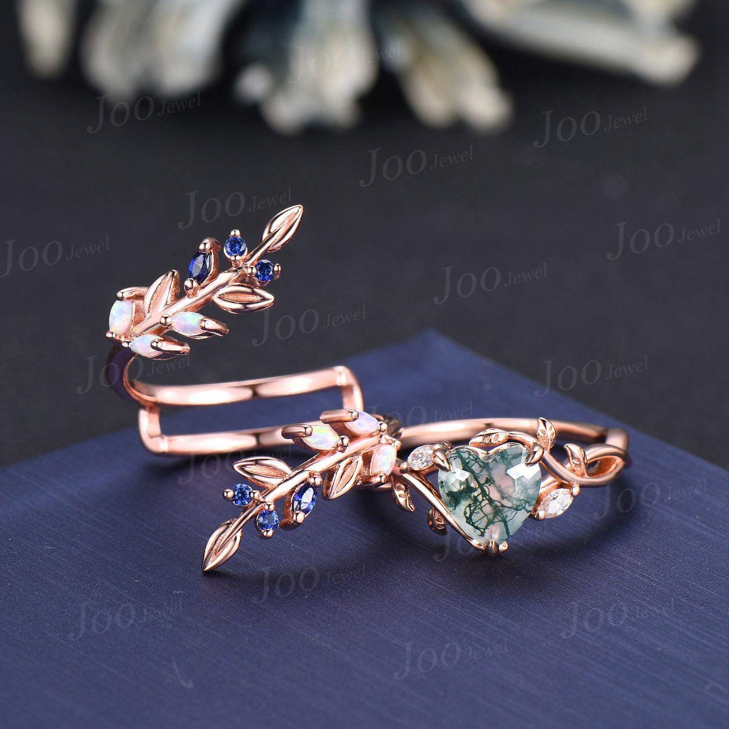 Natural Moss Agate Heart Engagement Ring Set,14K Rose Gold Leaf Enhancer Opal Sapphire Band, Branch Vine Bypass Bridal Set, Anniversary Gift