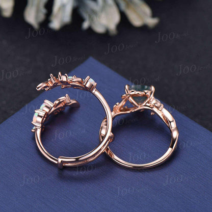 Natural Moss Agate Heart Engagement Ring Set,14K Rose Gold Leaf Enhancer Opal Sapphire Band, Branch Vine Bypass Bridal Set, Anniversary Gift