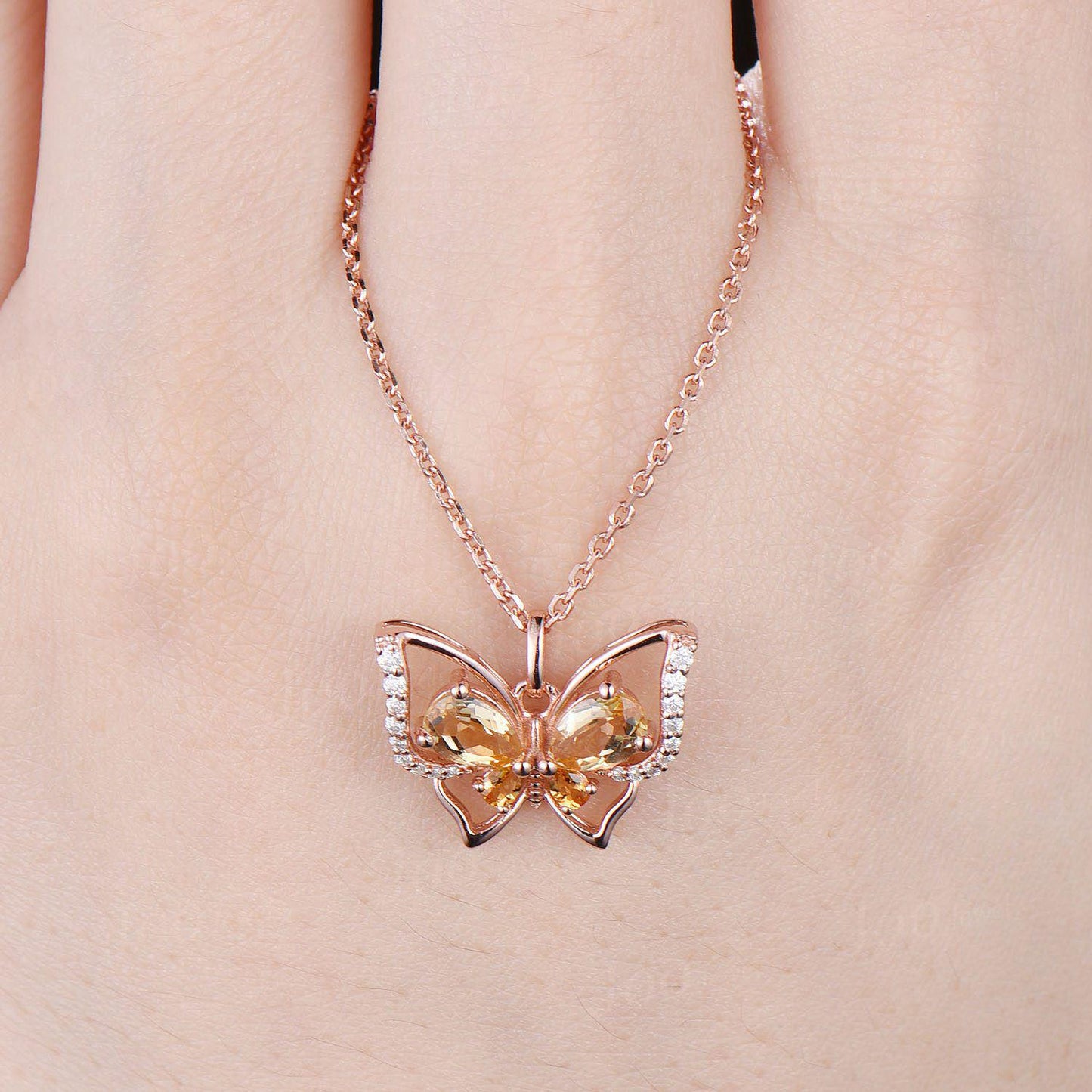 Teardrop Genuine Citrine Butterfly Necklace Dainty Vintage 14K Yellow Gold Vintage Crystal Spring Pendant Unique November Birthstone Gifts